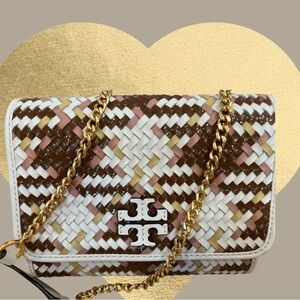 Tory Burch BRITTON Woven Wallet or Crossbody Bag with Gold Chain